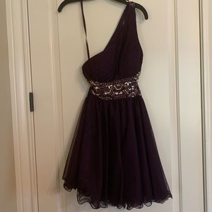 Mini purple one shoulder prom dress
